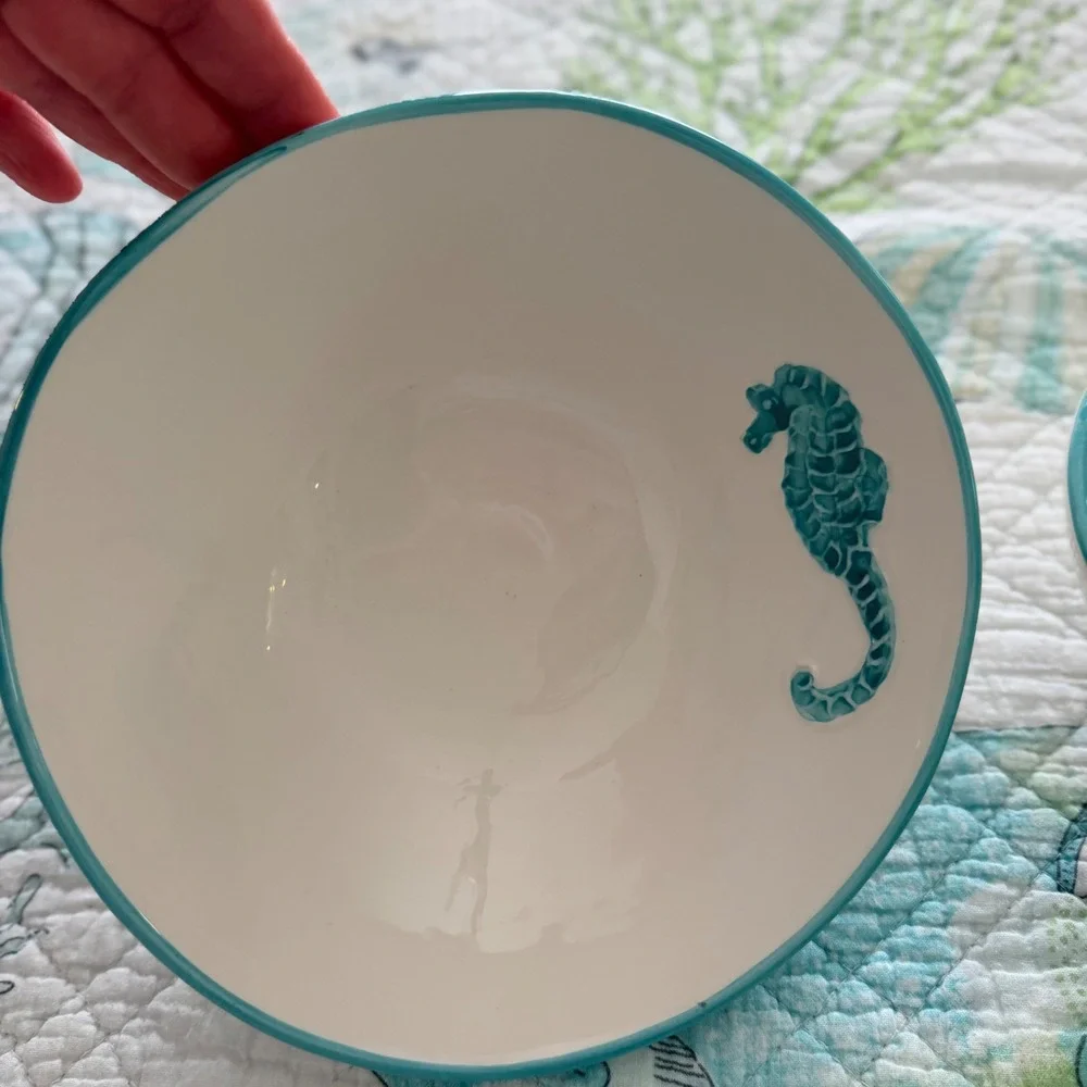 Maioliche Jessica, Italy Ceramic Coastal Bowls Set 2 Sea Turtle Seahorse Teal